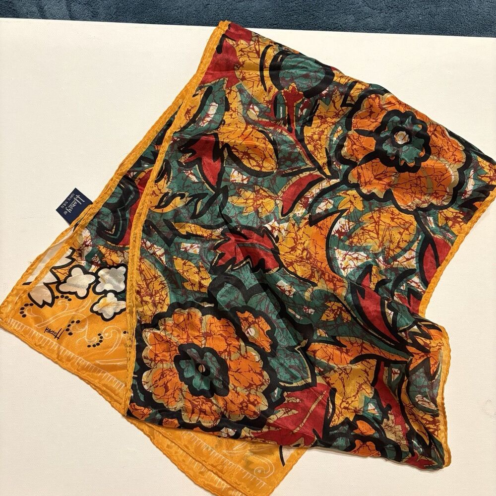 Honey Silk Scarf Colorful Fall Leaves Design 10”x52” Japan Vtg Orange Red Green